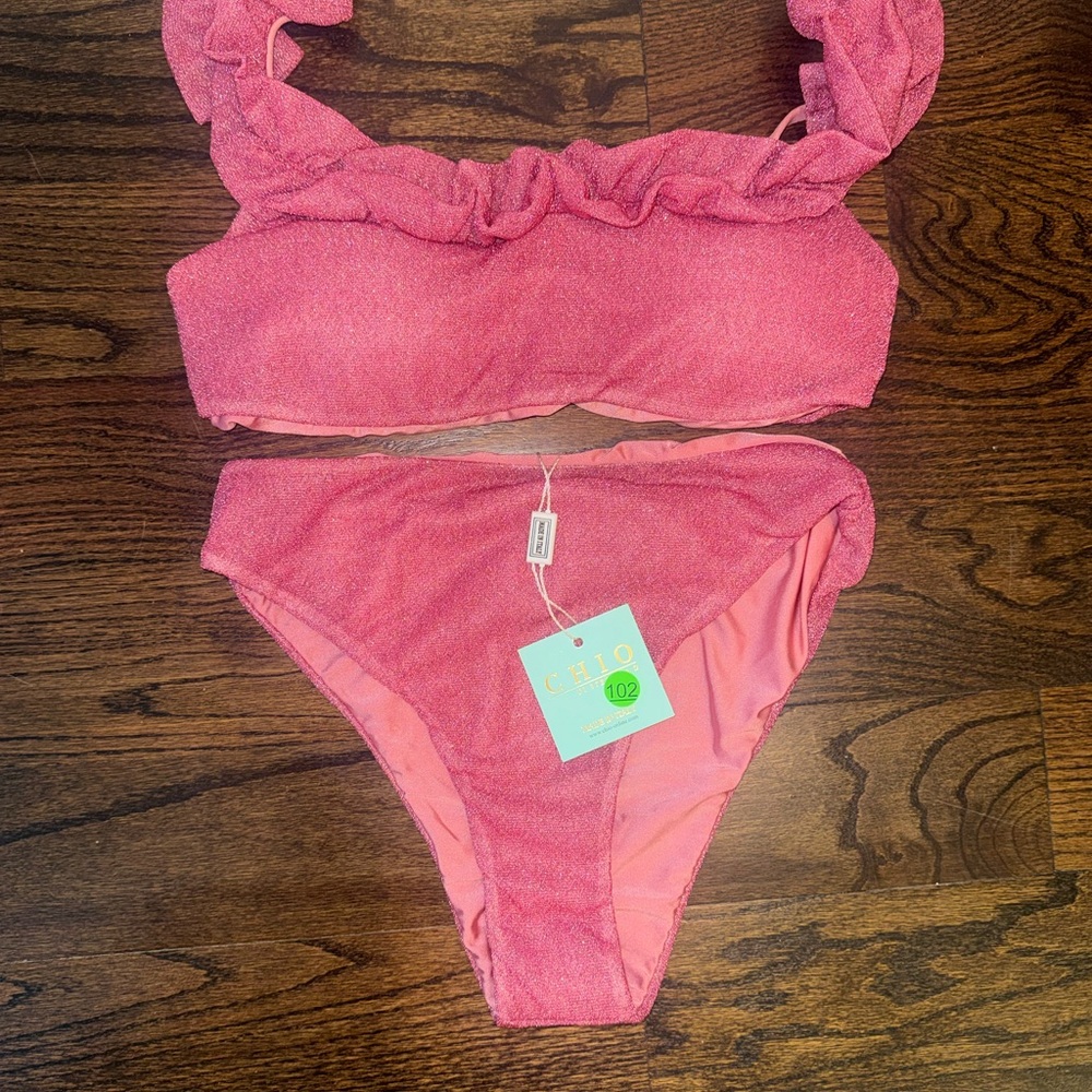 Chio Pink Shimmer Ruffle Bikini Set - Picture 2 of 3